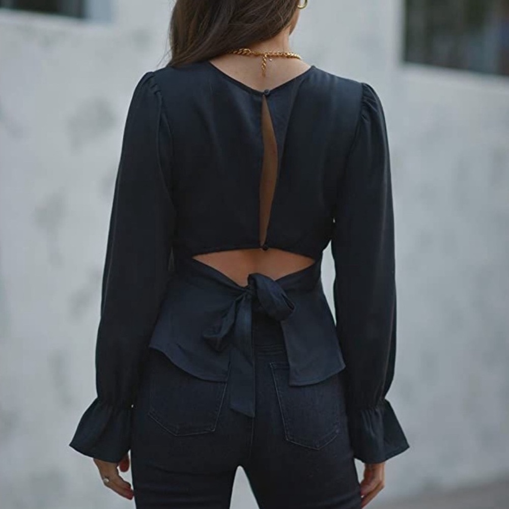 NWT The Drop Women's Black Tie-Up Back Peplum Top by Paola Alberdi Size L